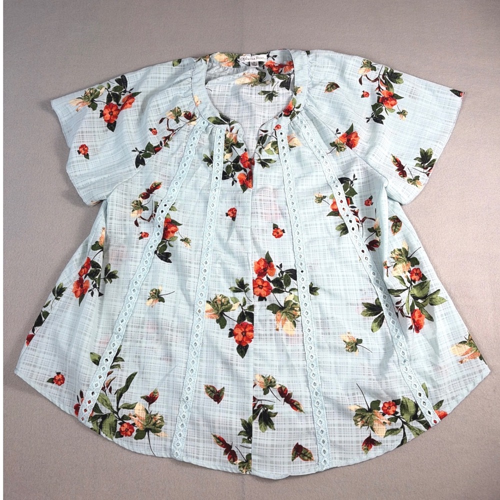 Ophelia‎ Roe Blue Floral Short Sleeve Crochet Trim Blouse Top Medium B1573B50M